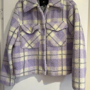Cozy sherpa plaid jacket in a soft pastel color palette